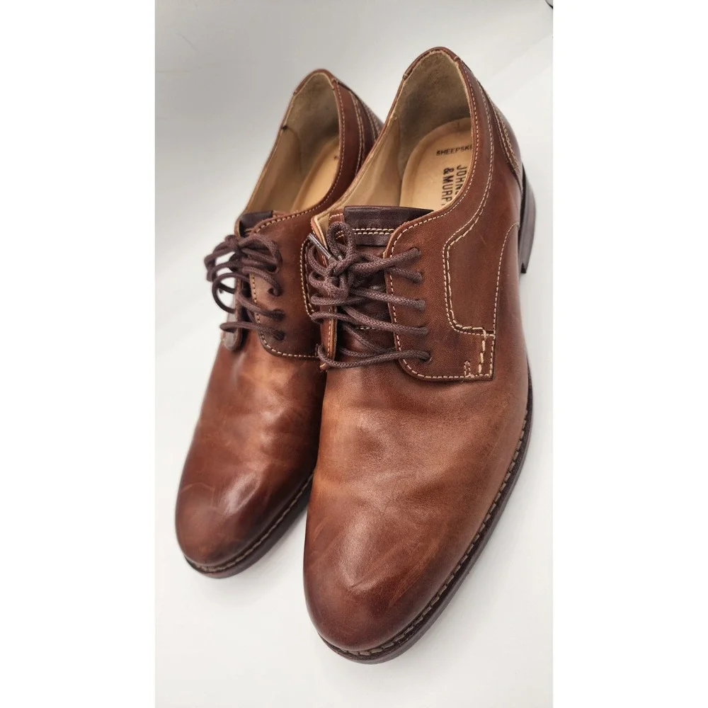 Johnston & Murphy Mens Brown Leather Sheepskin Derby Shoes 20-9590 Size 9 M